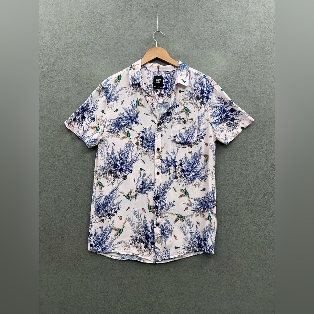 ZGY DENIM Men's Small Printed Button-Front Shirt Tedo Pink Pheasant